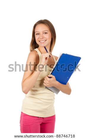 Young student woman, happy smile teenage girl hold book folder and pen, looking at camera and think, isolated over white background