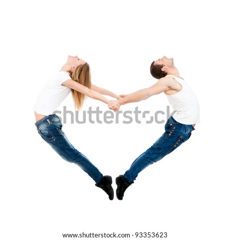 Acrobatic couple forming a valentine's heart shape with their bodies isolated over white background concept of valentine day symbol of freedom peace and love Acrobatic couple forming a valentine's heart shape with their bodies isolated over white background concept of valentine day symbol of freedom peace and love