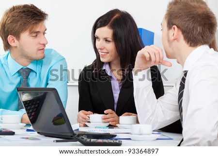 young business people happy smile talking, businessmen and women sitting at desk office discussing during working day, businesspeople paperwork