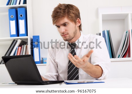 business man working problem using laptop looking at screen hold hands up, businessman sitting at the desk, at office, computer virus or error concept