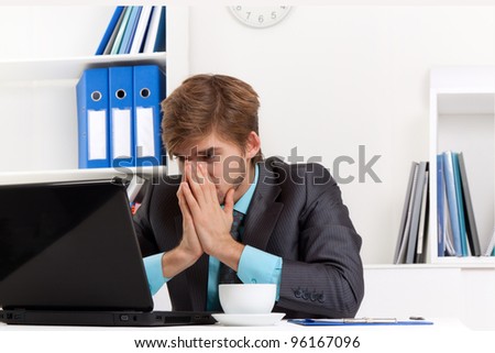 business man working problem using laptop looking at screen hold hands, cover face, tired stressed, depressed, businessman overworked sitting at the desk, at office, computer virus or error concept