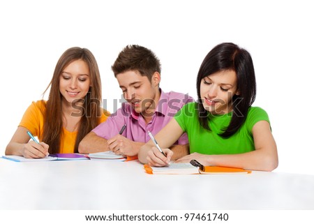 young group of people sitting at the desk, study, learning books, write, read, smile, three students, isolated over white background