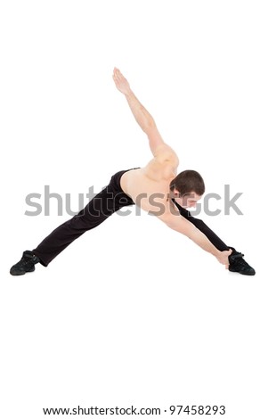 caucasian man acrobatics gymnastic doing a exercise studio isolated on white background, athletic sportsman
