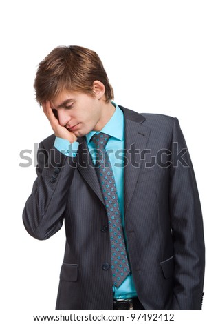 businessman headache, pain, hold hand head, tired, over work cover face, handsome young businessman think, decide problem, wear elegant suit, isolated over white background