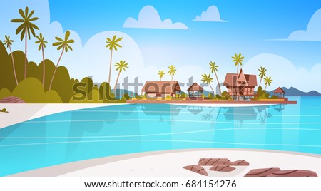 Sea Shore Beach With Villa Hotel Beautiful Seaside Landscape Summer Vacation Concept Flat Vector Illustration
