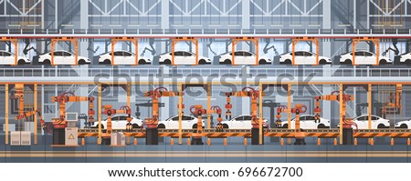 Car Production Conveyor Automatic Assembly Line Machinery Industrial Automation Industry Concept Flat Vector Illustration