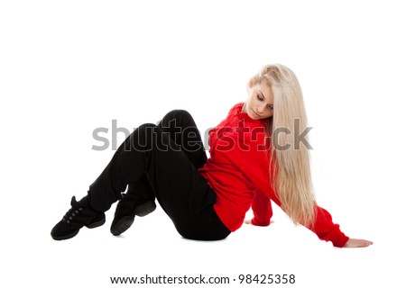 Teenage girl dancing hip-hop, modern dance, break dancing, wearing red and black sportswear clothing, studio series, isolated over white background