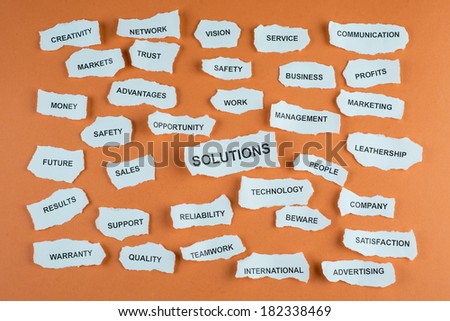 Concepts about business written on scraps of paper with an orange background