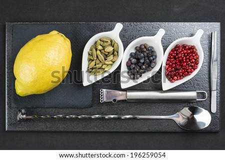 Utensils and ingredients to prepare and garnish a gin and  tonic