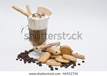 Coffee with cream, biscuits and wafers.