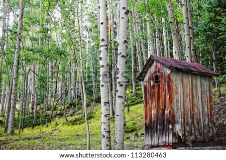 An old, rundown outhouse sits among a forest of Aspen trees in the Colorado mountains - a remnant of a Colorado ghost town.