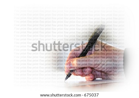 A man\'s hand signing a document and the words \