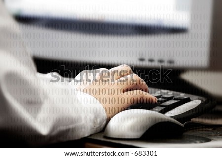 Hand typing at computer with binary code superimposed over the image - represents computer work, data, and/or surfing the web.