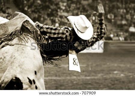 Rodeo bull rider (in soft focus and vintage/sepia tone) trying to stay on a twistng bull.