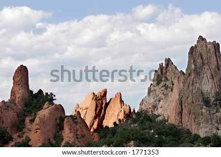 Beautiful towering red rock formations at Garden of the Gods state park in Colorado Springs, Colorado.