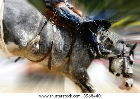 Rodeo Action - Close-up image of a saddle bronc cowboy atop a bucking horse (zoom effect).