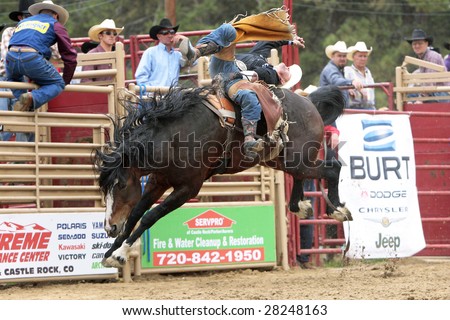 Elizabeth, CO - June 08: Past PRCA World Champion Kelly Timberman wins the Elizabeth Stampede Rodeo bareback title on June 08, 2008.  It is considered one of the best small rodeos in the country.