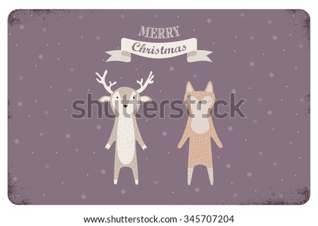 Merry Christmas Card Design With Cute Animals Vector Illustration - 345707204 : Shutterstock