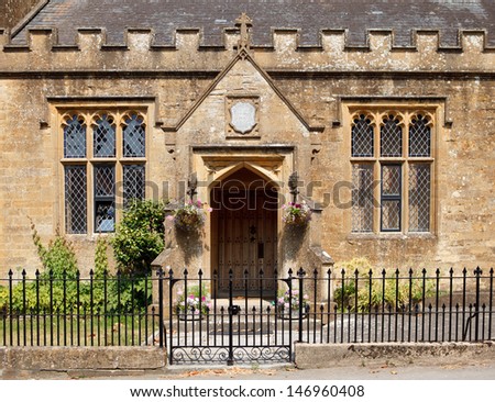 Old school in Nether Compton, a village in Dorset, England, view of the entrance