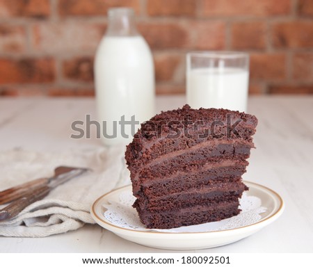 A piece of chocolate fudge cake with milk on a brick wall background, selective focus
