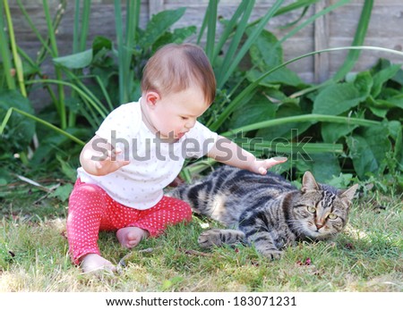 Little baby playing with a cat in the garden