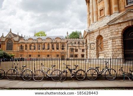 OXFORD, ENGLAND - JULY 26: Bicycles in front of Radcliffe Camera in Oxford, Oxford University, England on July 26, 2013