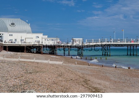 WORTHING, ENGLAND - JULY 18. People on Worthing pier, West Sussex, England on July 18, 2015