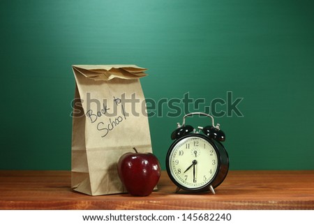Back to School Lunch, Apple and Clock on Desk