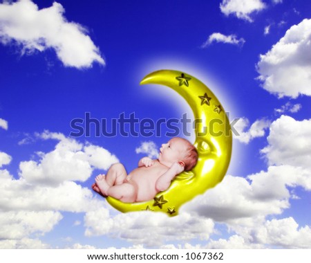 Fantasy Infant Portrait on Crescent Moon in Cloudy Sky