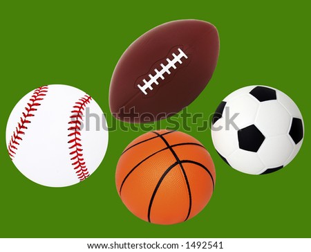 Baseball, Football, Basketball and Soccer Ball Isolated on Green