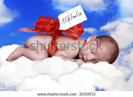 Fantasy Infant Sleeping in Clouds With Bow and Gift Tag From God