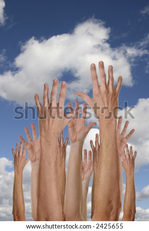 Hands Reaching For the Future With Cloudy Blue Sky