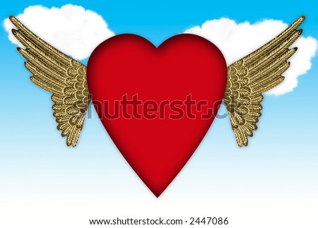 Golden Wings With Valentine Heart and Clouds
