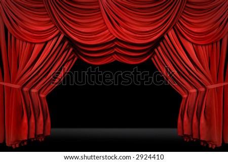 Horozontal old fashioned elegant theater stage with velvet curtains leading upstage in an arch