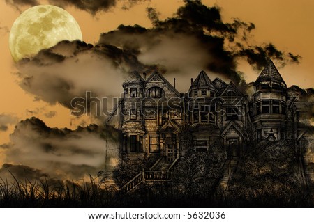 Old Victorian Haunted Mansion Illustrated on a Spooky Background With Moon for Halloween