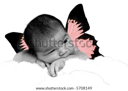 Infant Baby Girl in Clouds With Fantasy Butterfly Wings Hand Colored/Tinted