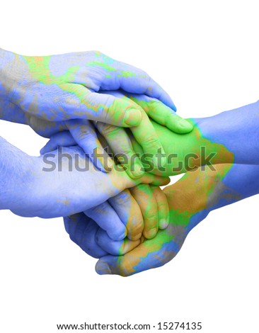 stock photo Teamwork Hands Painted Like a Map Representing Universal 