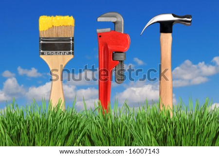Household Home Improvement Tools in Outdoor Setting: Paintbrush, Pipe Wrench and Hammer