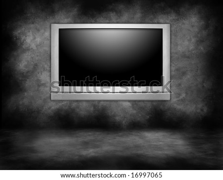 Silver Plasma Television Hanging on an Interior Wall in a Darkened Room