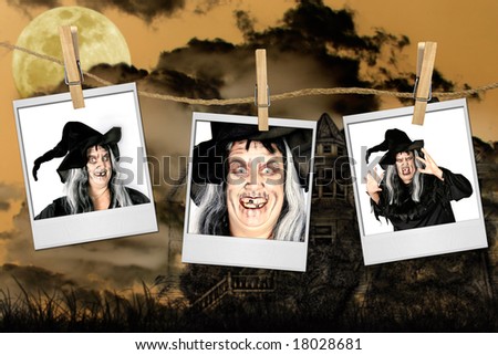 Scary Pictures of a Witch on instant photos With Haunted House Background