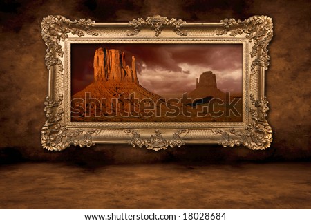 Monument Valley Photo Hanging on a Distressed Grungy Wall in Vintage Frame