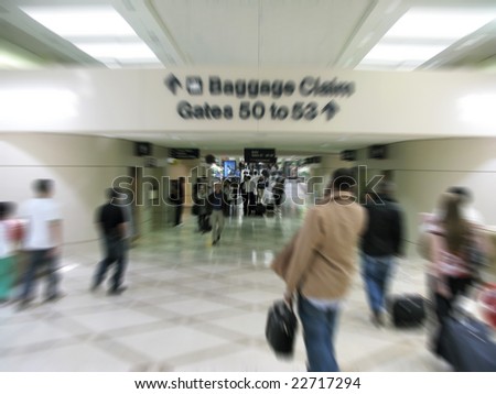 Intentional Blurry Image Indication Busy Travel of an Airport Passageway. Intentional Motion Blur.