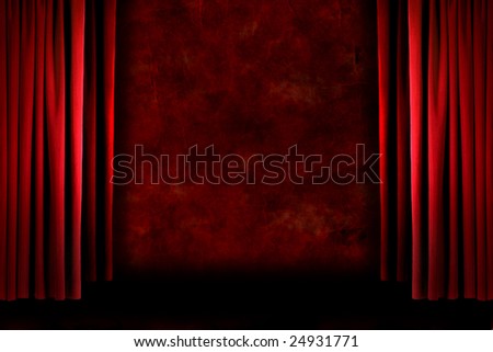 Red old fashioned grungy elegant theater stage curtain drapes
