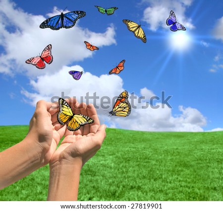 Happy Bright Landscape WIth Butterflies Being Released