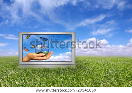 Beautiful Field of Green Grass and Blue Cloudy Sky Earth Concept. Front of Grass is in Focus With Intentional Extreme Depth of Field