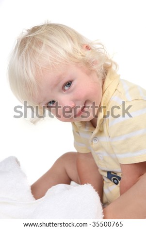Playful Baby Toddler Boy Looking at the Viewer on White