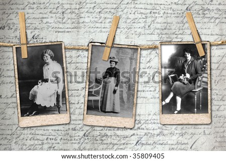 Antique Photographs of 3 Vintage Era Women Hanging on a Rope By Clothespins