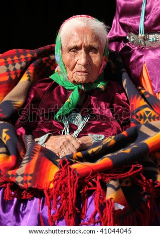 Elderly Navajo Portrait of a 99 Year Old Woman Wearing Turquoise Jewelry
