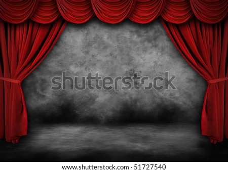 Grunge Theater Stage With Red Velvet Drapes and Painted Backdrop