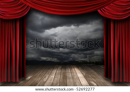 Bright Stage With Red Velvet Theater Curtains and Dramatic Sky Background